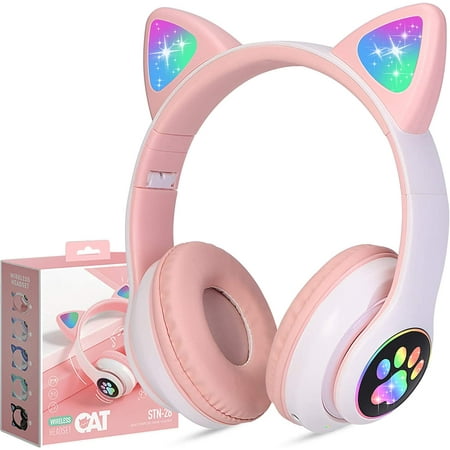 DIKTOOK Kids Wireless Headphones Cat Over Ear Bluetooth Headphone w/Microphone LED Light Up (Pink)