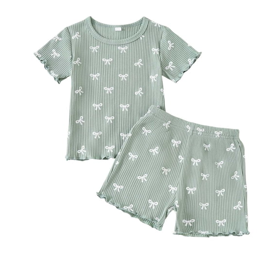 Spring Outfit Toddler Girl 2T Girls Outfits 2 Piece Cute Bow Print Short Sleeve Top And Shorts Casual Playwear Loose Fit Girls' Clothing Sets