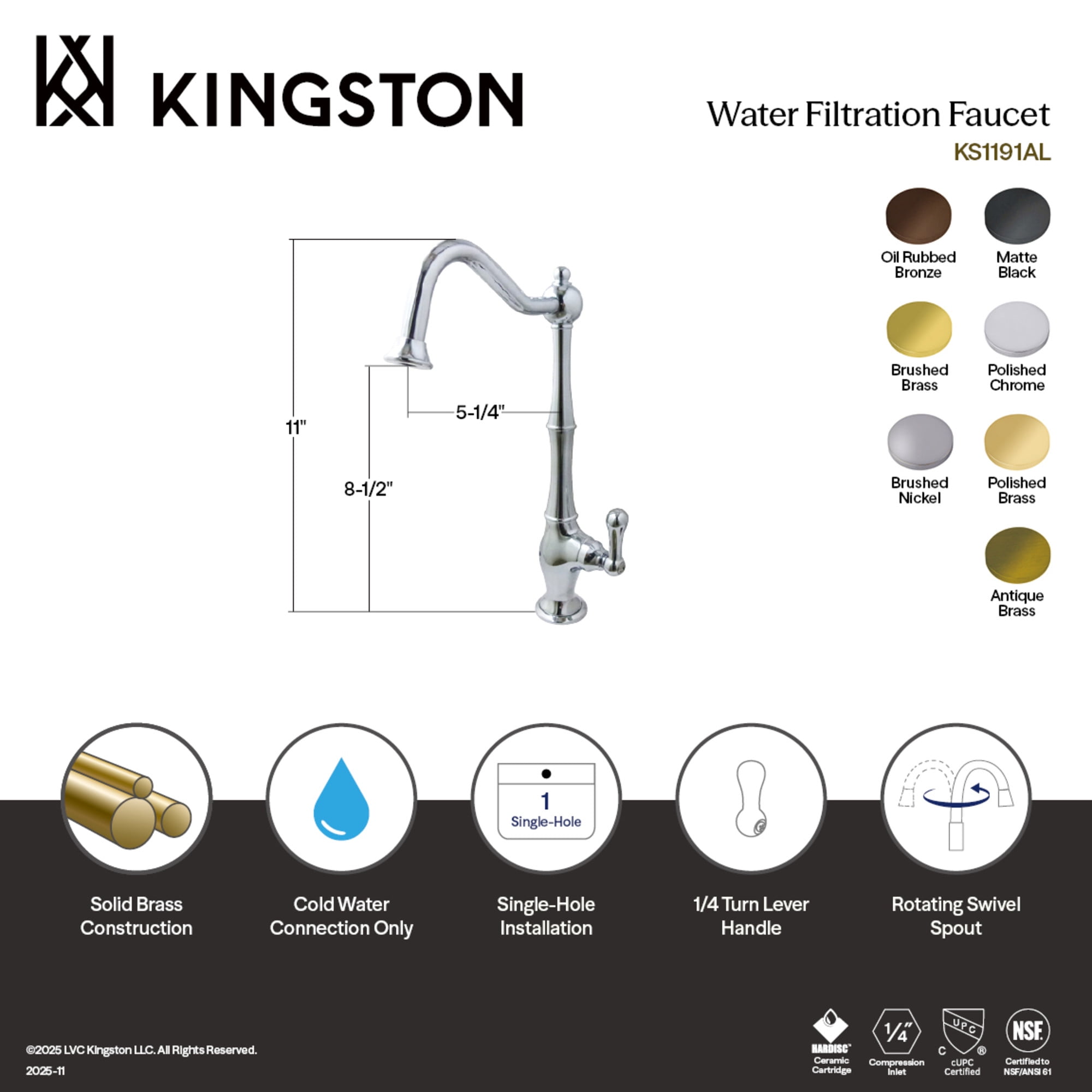 Kingston KS1190AL Heritage Single-Handle Cold Water Filtration Faucet, Matte Black