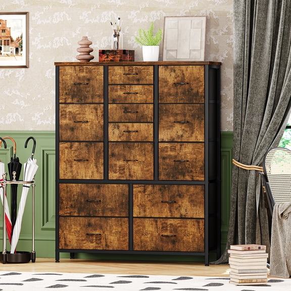 15 Drawers Dresser for Bedroom, Tall Dressers & Chests of Drawers for Hallway, Entryway, Storage Organizer Unit with Fabric, Sturdy Metal Frame, Wood Tabletop, Easy Pull Handle