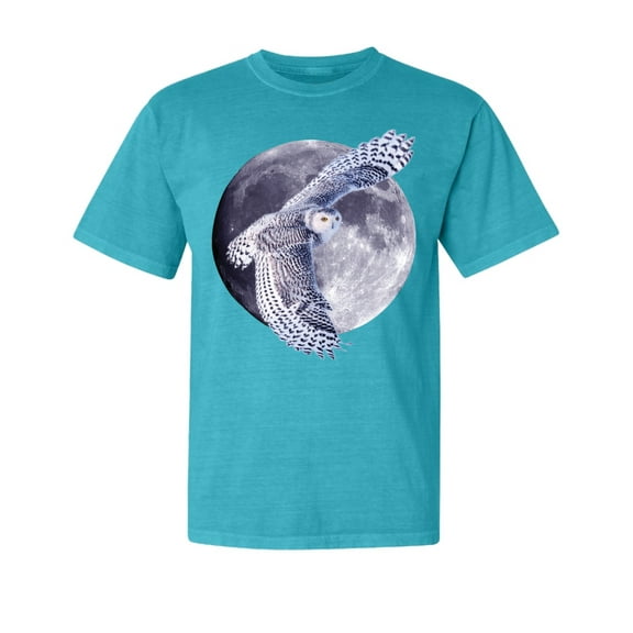 Wild Bobby, Mosaic Full Moon Owl Winter Snow, Animal Lover, Garment-Dyed Washed Look Short Sleeve T-Shirt, Blue Lagoon, Small