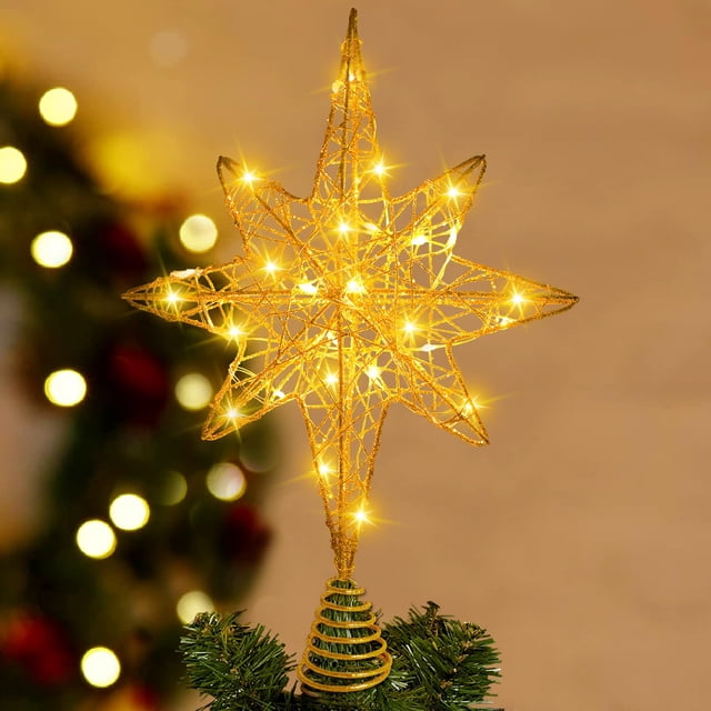 Decoración para árbol de Navidad DULEFUN con estrella dorada iluminada de 34,5 cm con LED