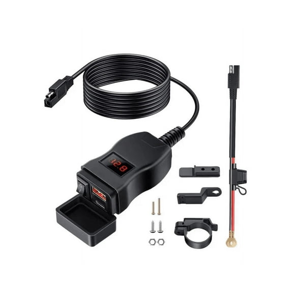 Ouspow Motorcycle USB Fast Cellular Charger Waterproof Type C Port Socket Connector With Cell Mobile Voltmeter Red Digital Display QC3.0 PD