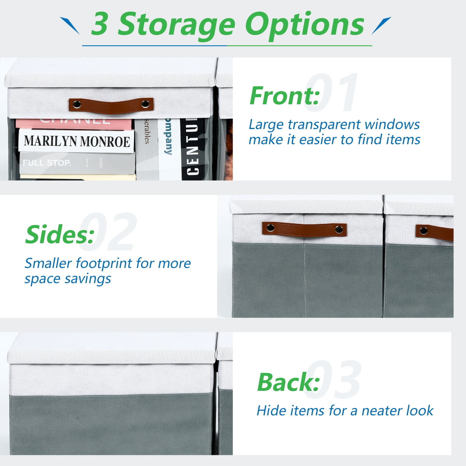 Bidtakay Collapsible Storage Bins with Lid 15 x 11 x 9.7 inch 4-Pack Fabric Closet Organizer with Clear Window Storage Baskets for Shelves Organization (White&Grey)