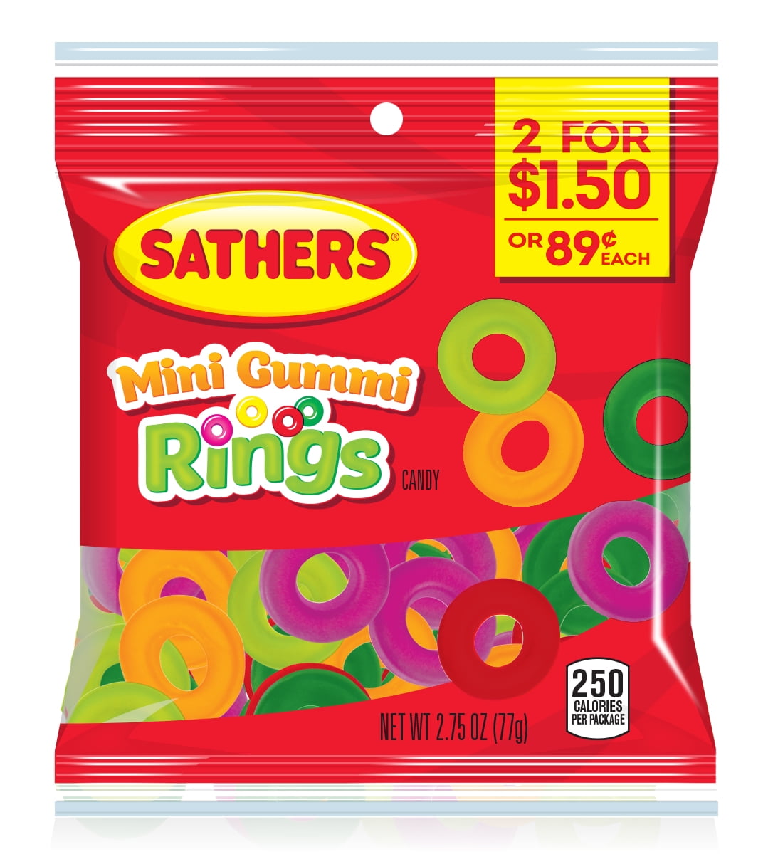 Sathers Mini Gummy Rings, Assorted Fruit Flavors, 2.7 Ounce Bag