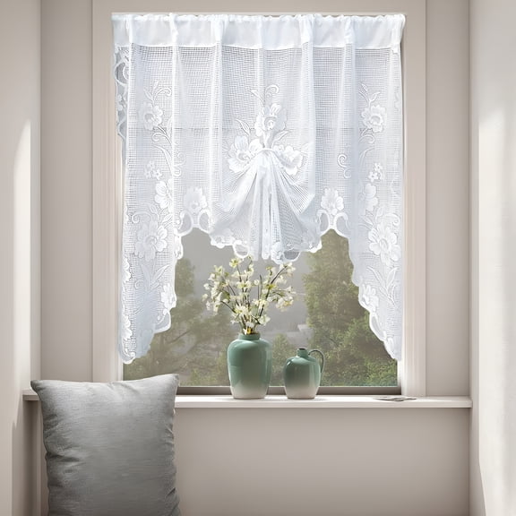 AUQ 1Pcs Lace Curtains Elegant Fringed Semi Shad Gauze Curtains through Rod Valance Curtains Spring Bright Decoration for Living Room Cafes 59"X39"White