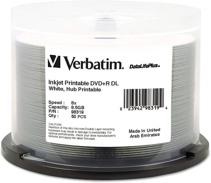 Verbatim VER DVD-R, DL, IJ Hub Printable, 8X, 8.5GB, 50-PK, White