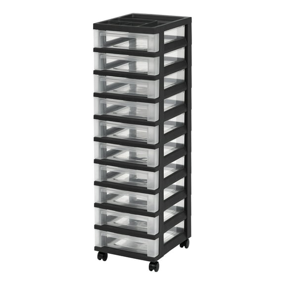IRIS Craft Plastic Organizers and Storage, Rolling Storage Cart for Classroom Supplies, Storage Organizer for Art Supplies, Drawer Top Organizer for Small Parts, 10 Drawers, Black/Clear