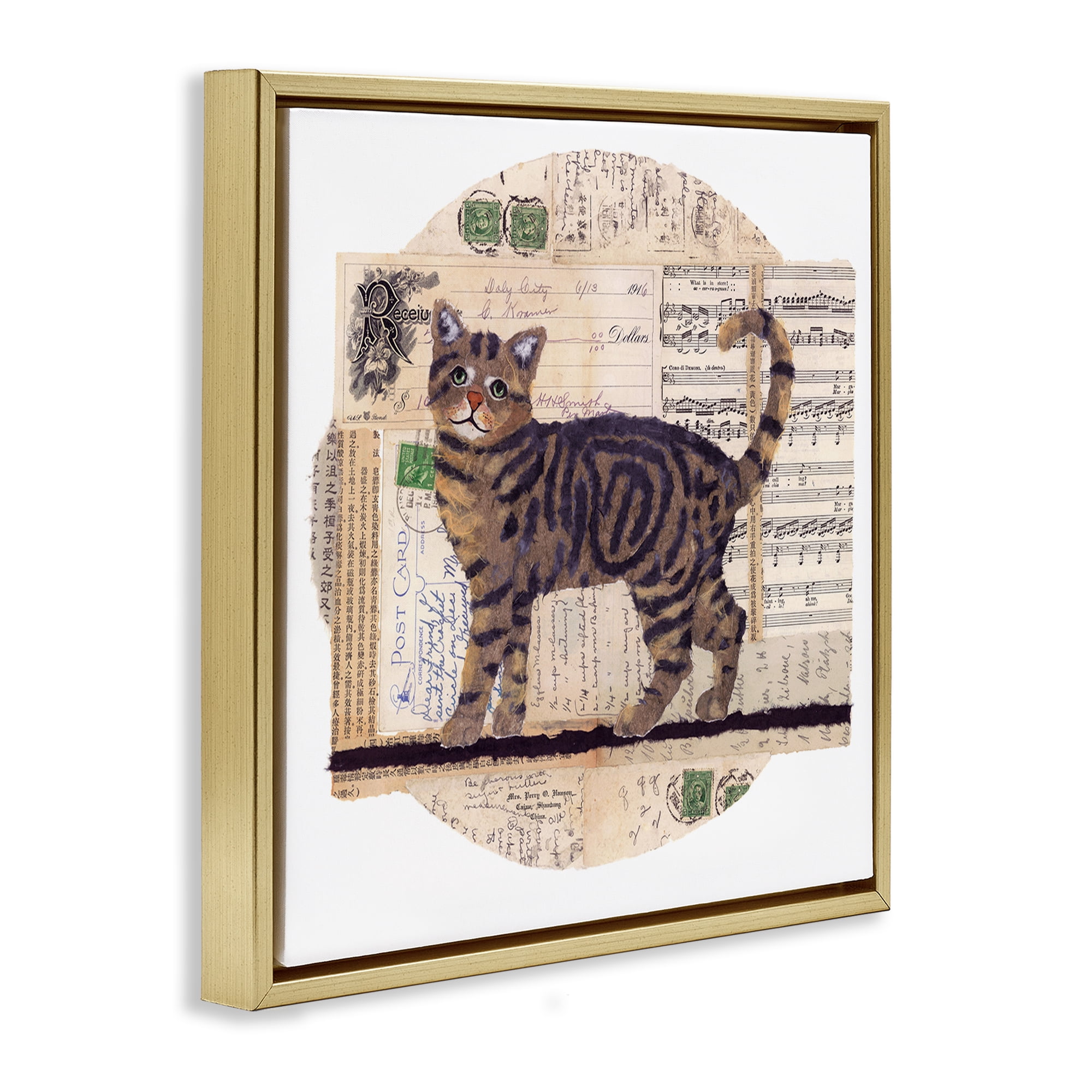Stupell Industries Tabby Cat Collage Animals & Insects Painting Gold Floater Framed Canvas Art Print Wall Art, 18 x 18