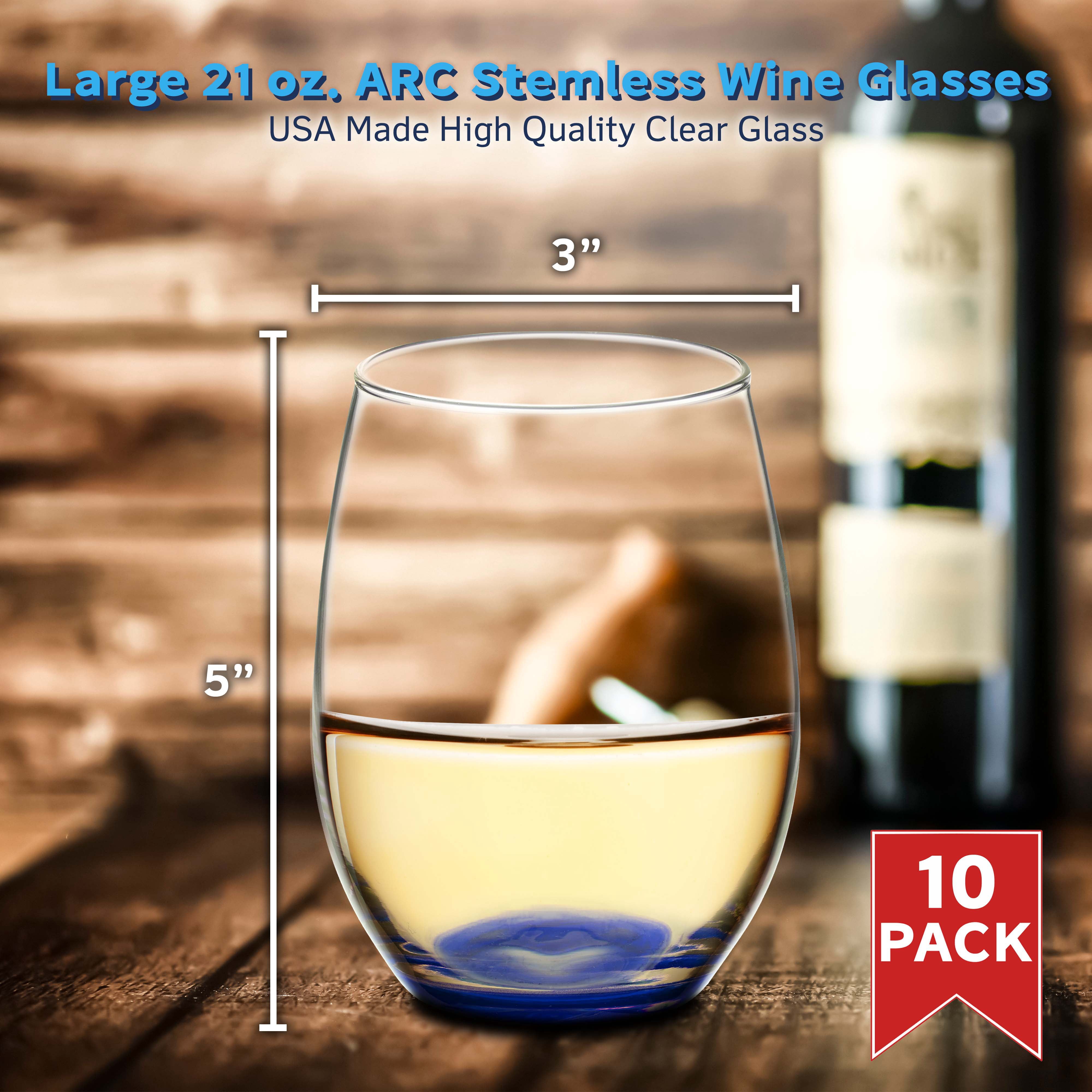 10 ARC Stemless Wine Glasses Set, 21 oz. - Chardonnay, Cabernet, Merlot, Sauvignon - Blue