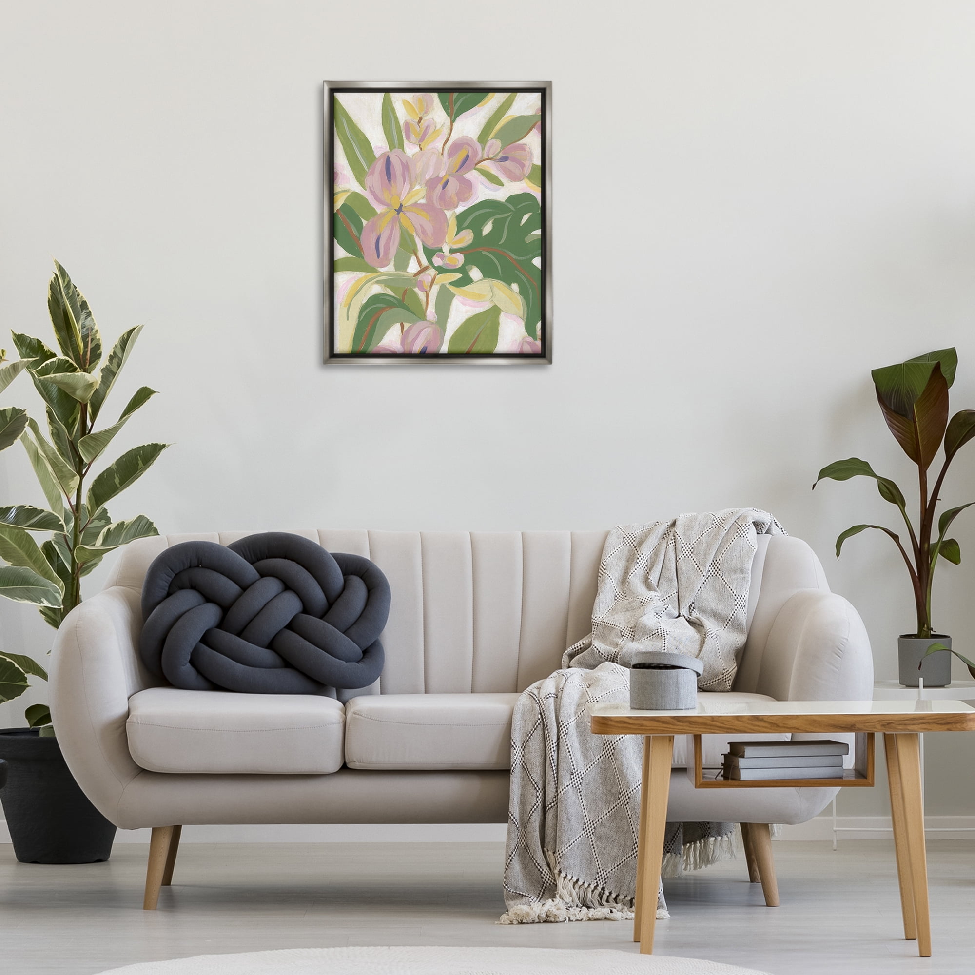 Stupell Industries Pale Trillium & Leaves Plants & Flowers Painting Gray Floater Framed Canvas Art Print Wall Art, 25 x 31