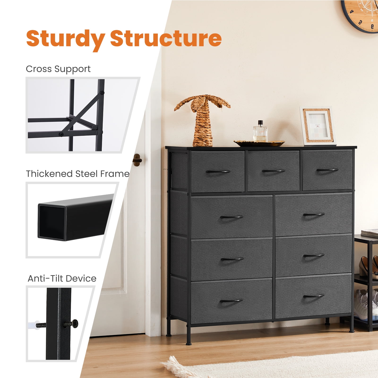 Gianna 9 Drawers Dresser, Fabric Drawer Cabinet for Home Office, Grey