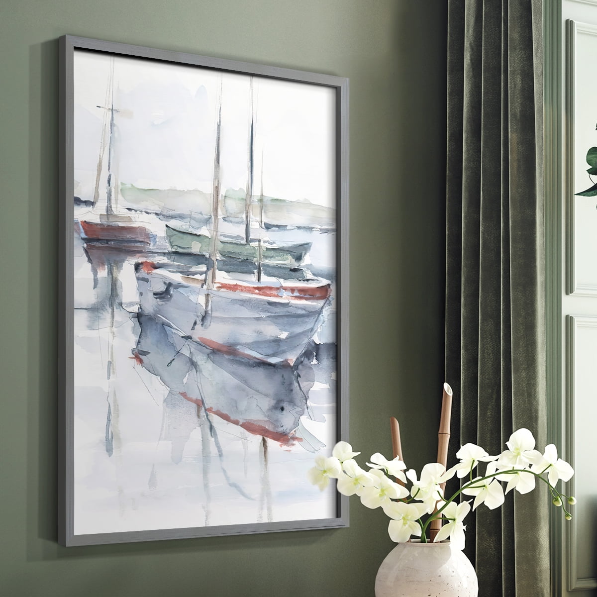 Watercolor Harbor Study I Framed Print in Gray Solid Wood 22 x 28 Framed Print