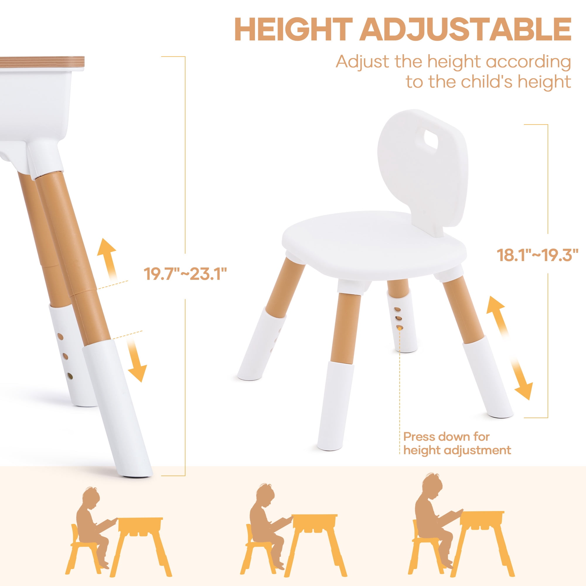 Naipo Adjustable Toddler Table and Chair Set with Drawer and Basket, Kids Furniture for Reading, Drawing, Eating, Preschool, Ages 3-8, White