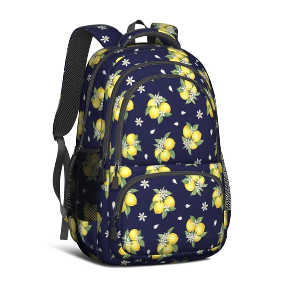 Lemon and Blossom Navy Pattern Cute School Backpack Bag with Padded Back and Adjustable Shoulder Straps 16.9 X 12.6 X 5.9 Inches