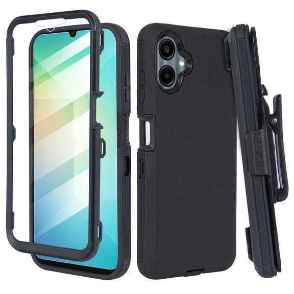Thousandgear For Samsung Galaxy A06 2024 Case with Belt Clip, Slim Full Protection Hybrid Case & Rotating Belt Clip Holster with Built in Kickstand, Built in Screen Protector Black