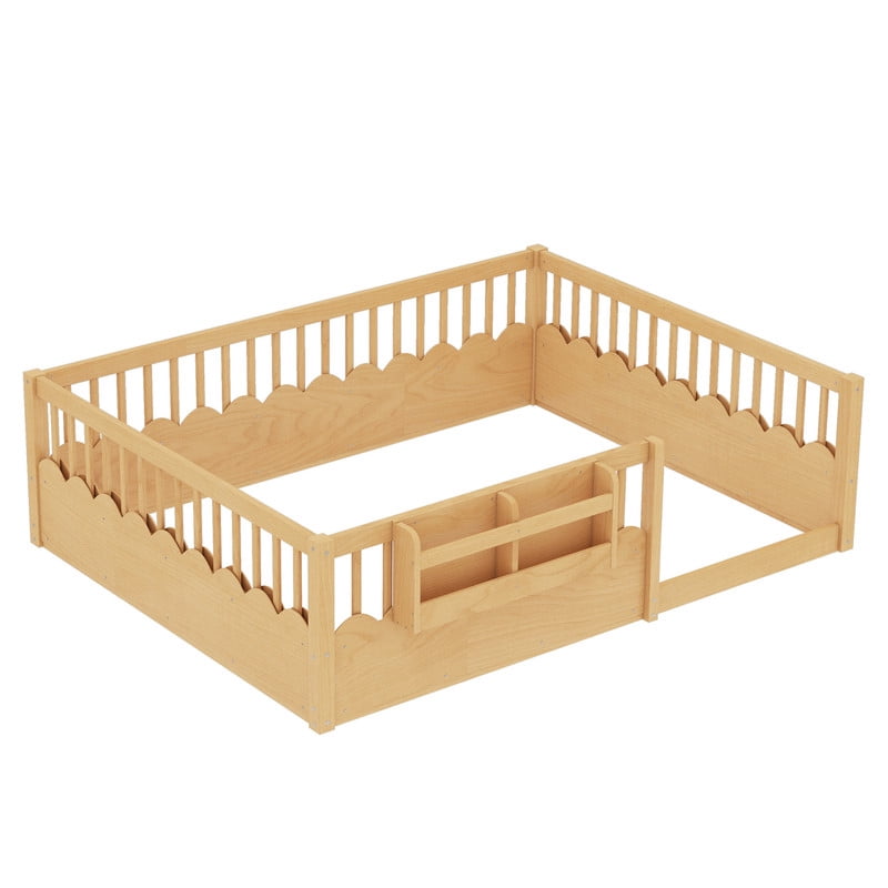 Queen Size Wood Floor Bed with Wavy Fence, Kids Platform Bed Frame with No Slat, Montessori Storage Bed with Bookshelf