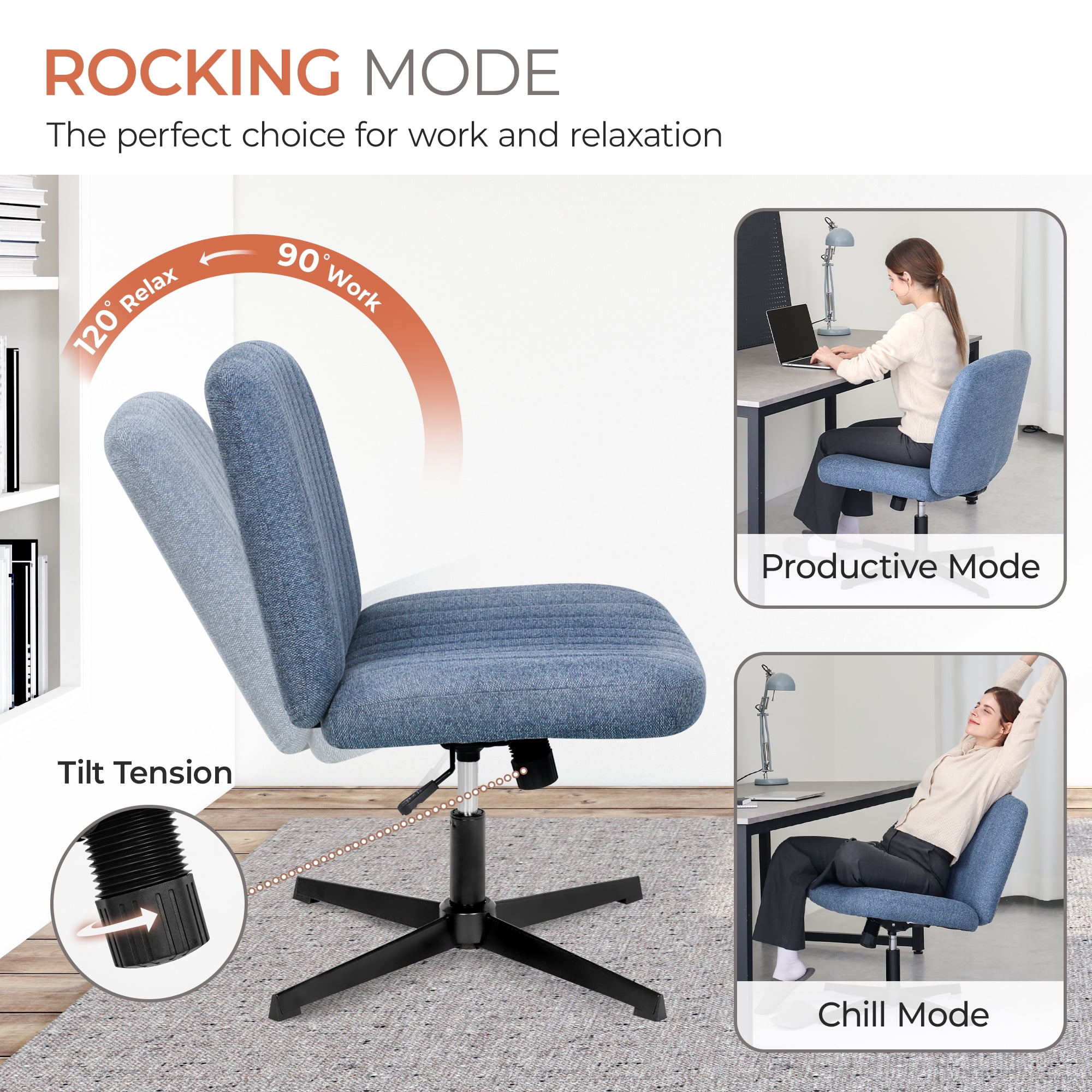 Orange Factory Criss Cross Chair No Wheel Wide Cross Legged Office Desk Vanity Chair Comfy Fabric Armless Adjustable Swivel for Home Computer Task (Blue No Wheel, Classic Fabric)