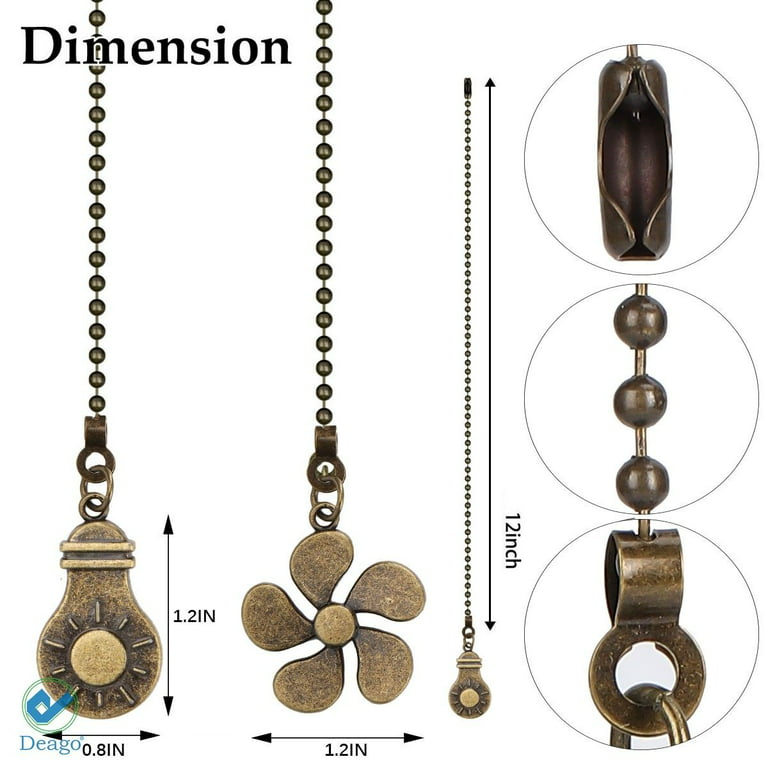 Deago 6PCS 12 Inch Ceiling Fan Pull Chain Extender Pull Chains Extension  Fan Pull Chain Pendant Ornament with Ball Fan Chain Connector (Bronze) 