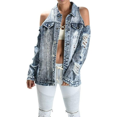 Love Moda Women’s Open Shoulder Distressed Denim Jacket (Blue, 1X #Rjk702)