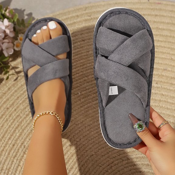 Fnooota Womens Slide Slippers, Non Slip Indoor Open Toe Warm Fuzzy Slippers Bedroom Shoes Gray Size 9-9.5