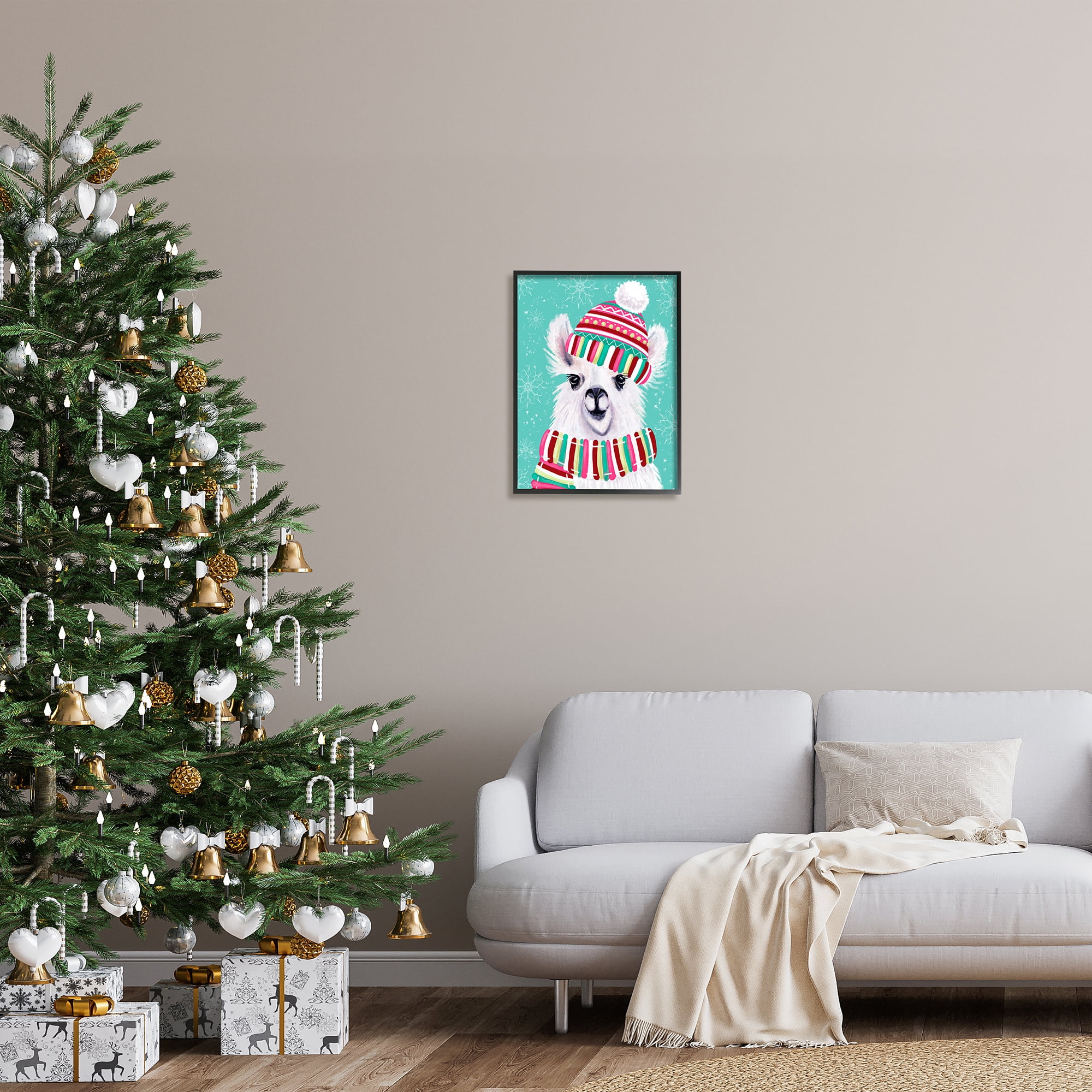 Stupell Indtries Festive Winter Llama Portrait Snowy Weather Scarf Hat,16 x 20,Design by Elizabeth Tyndall
