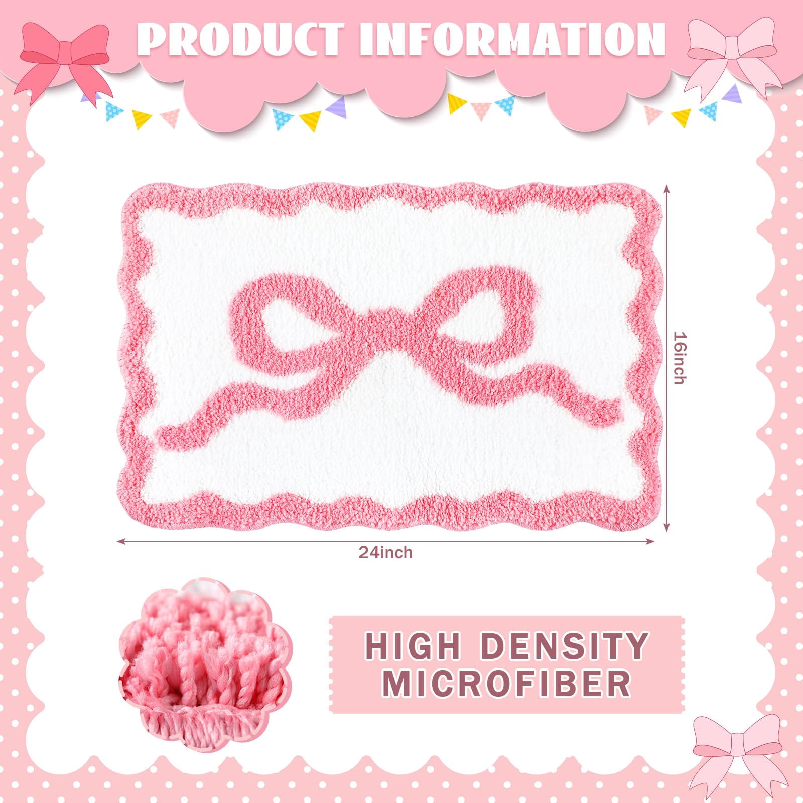 Pink Bow Bathroom Rug 16" x 24", Scalloped Bow Bath Mat Non Slip, Cute Aesthetic Coquette Carpet, Microfiber Absorbent Bath Mat for Bathtub Shower Bedroom Valentine Decor