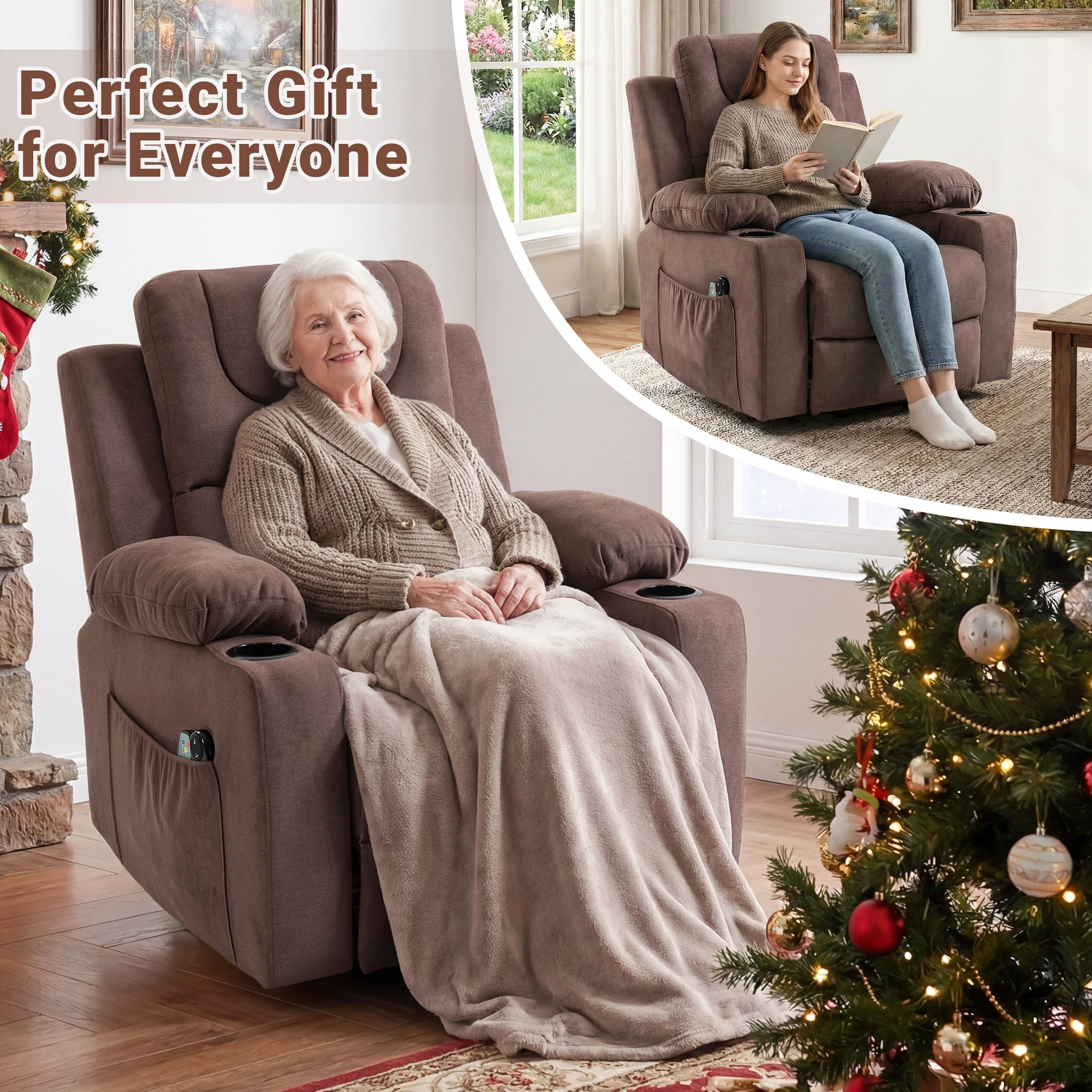 HSUNNS Power Lift Recliner Chair for Elderly, Electric Lift Chair with Heat & Massage, Infinite Position Reclining Sofa with Side Pocket for Living Room, Brown