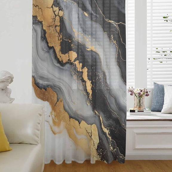 Black Golden Semi Sheer Curtains Drapes for Living Room, Bedroom, French Doors Window 54 Inches Long, Marble Aesthetics Modern Ink Painted Rod Pocket Chiffon Curtain Drapery Voile Draperies Panel