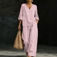 thumbnail image 2 of Women Striped Casual Two Piece Outfit, V-Neck Three Quarter Sleeve Top And Wide Leg Pants, Soft Loose Fashion Co-Ord Set For Everyday Leisure Wear Watermelon Red L, 2 of 7