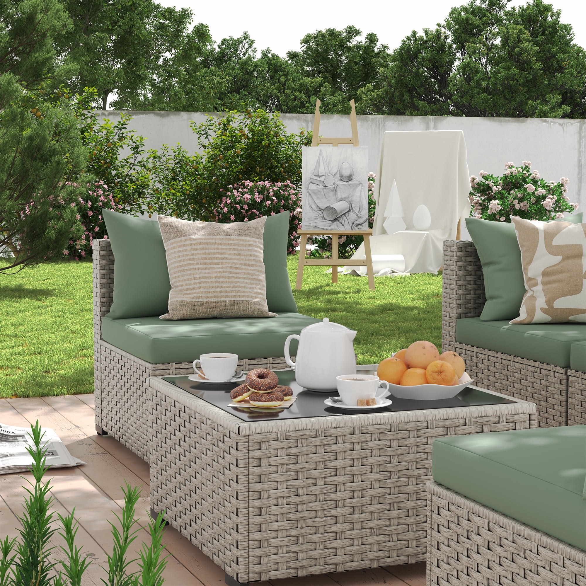 MRUAKA 7 Pieces Patio Conversation Set, Outdoor Sectional PE Rattan Wicker Furniture Seat,Light Green