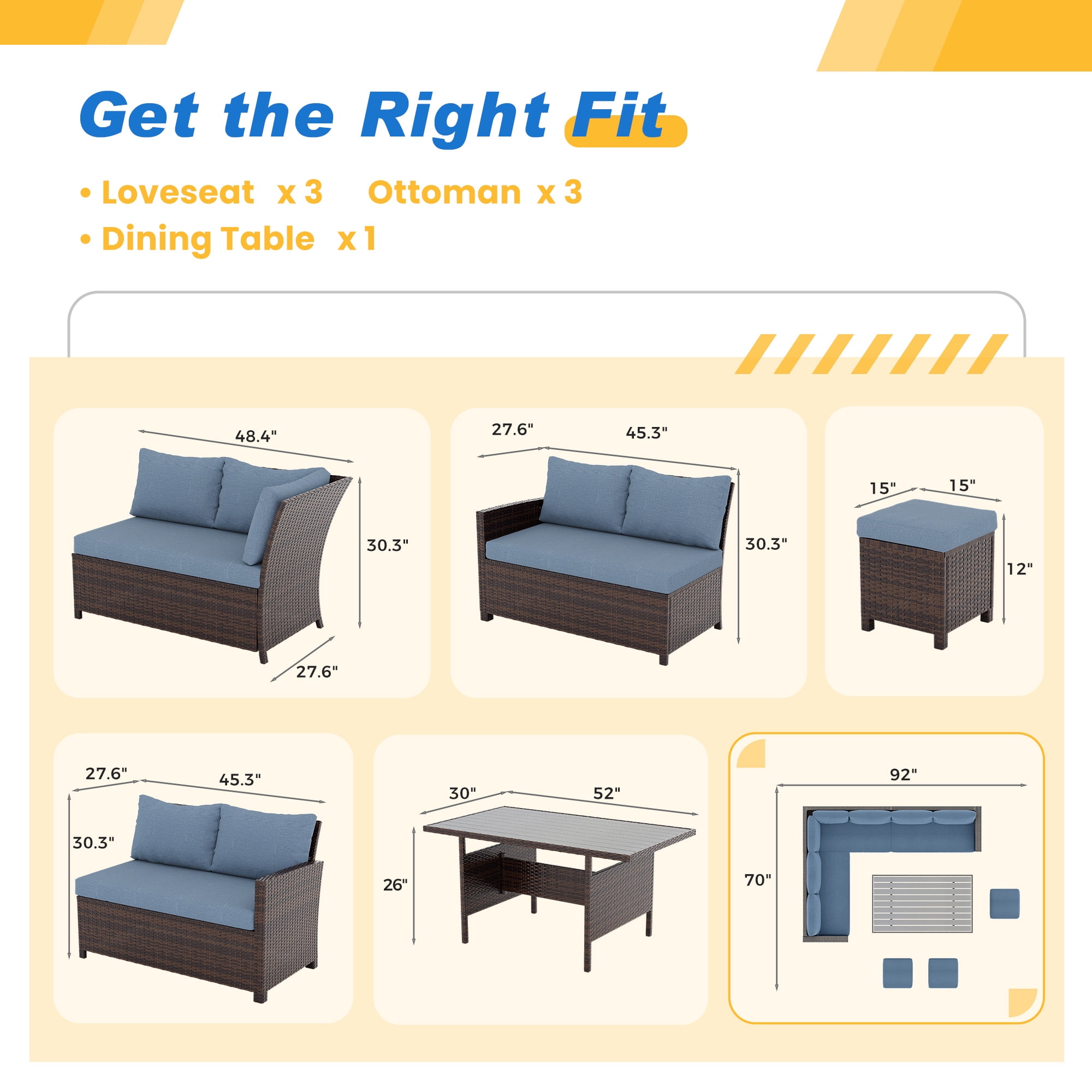 Superjoe 7 Pieces Outdoor Patio Furniture Set with Ottoman, Blue