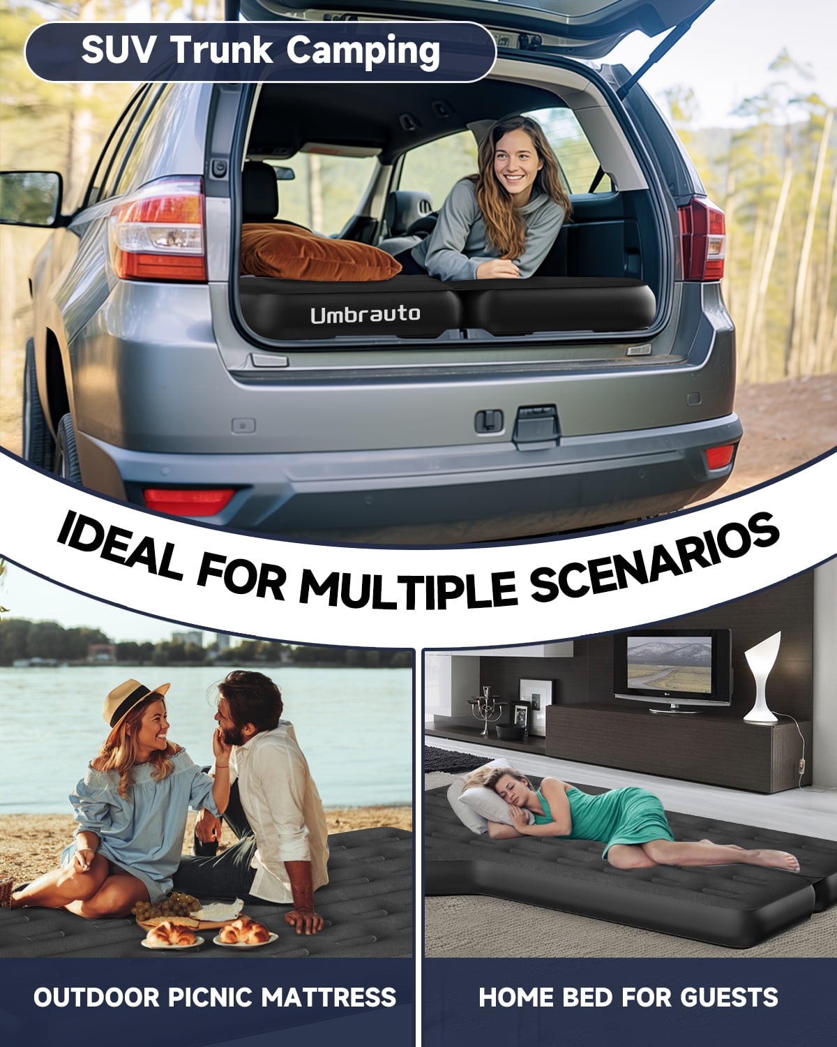 SUV Air Mattress, Dual Air Chambers Inflatable Car Trunk Bed with Electric Pump, Soft Flocked Surface, PVC Body & 210T Bottom, 4.7" Thick Car Camping Mattress for Road Trips, Black