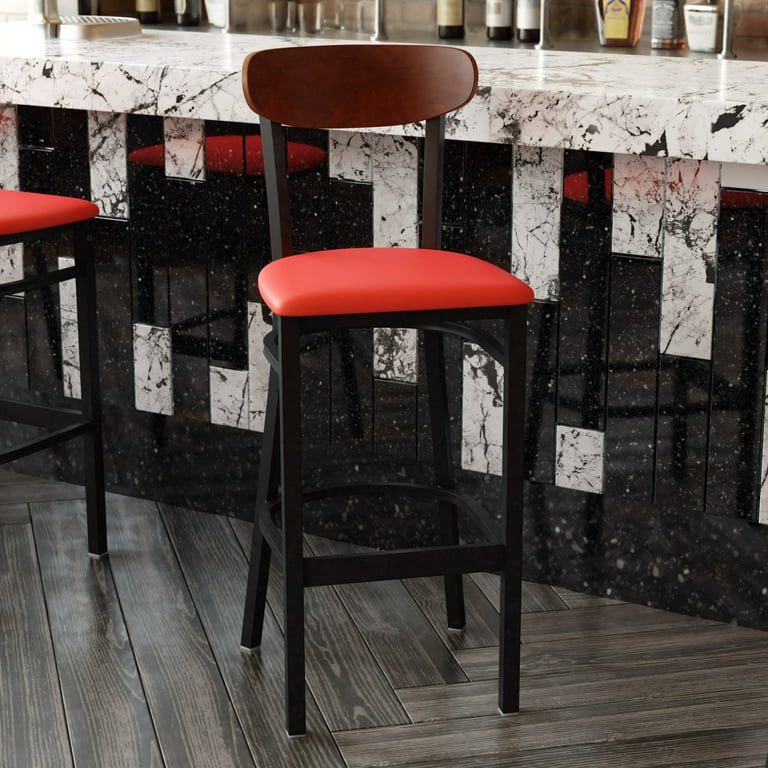BizChair Commercial Barstool with 500 LB. Capacity Black Steel Frame Walnut Finish Wooden Boomerang Back and Red Vinyl Seat