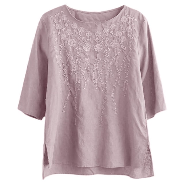 TaTaai Women's Casual Loose Linen Embroidered Crew Neck Three Quarter Sleeve Tops Vintage Stylish Soft Blouses for Spring Daily Office Dating Wear Gift
