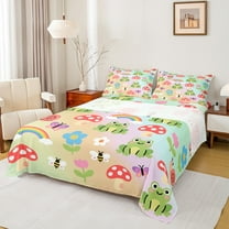 Feelyou Green Cute Frog Full Size Sheets for Teen, Kawaii Cartoon Mushroom Bed Sheets, Rainbow Flower Sheet Sets, Microfiber Bedroom Decor, 4pcs