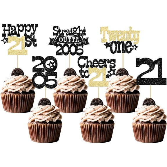 12Pcs Black & Gold Glitter 21st Birthday Cupcake Toppers, "Hello 2005, Cheers to 21" Picks for 21st Birthday Party Cake Decorations