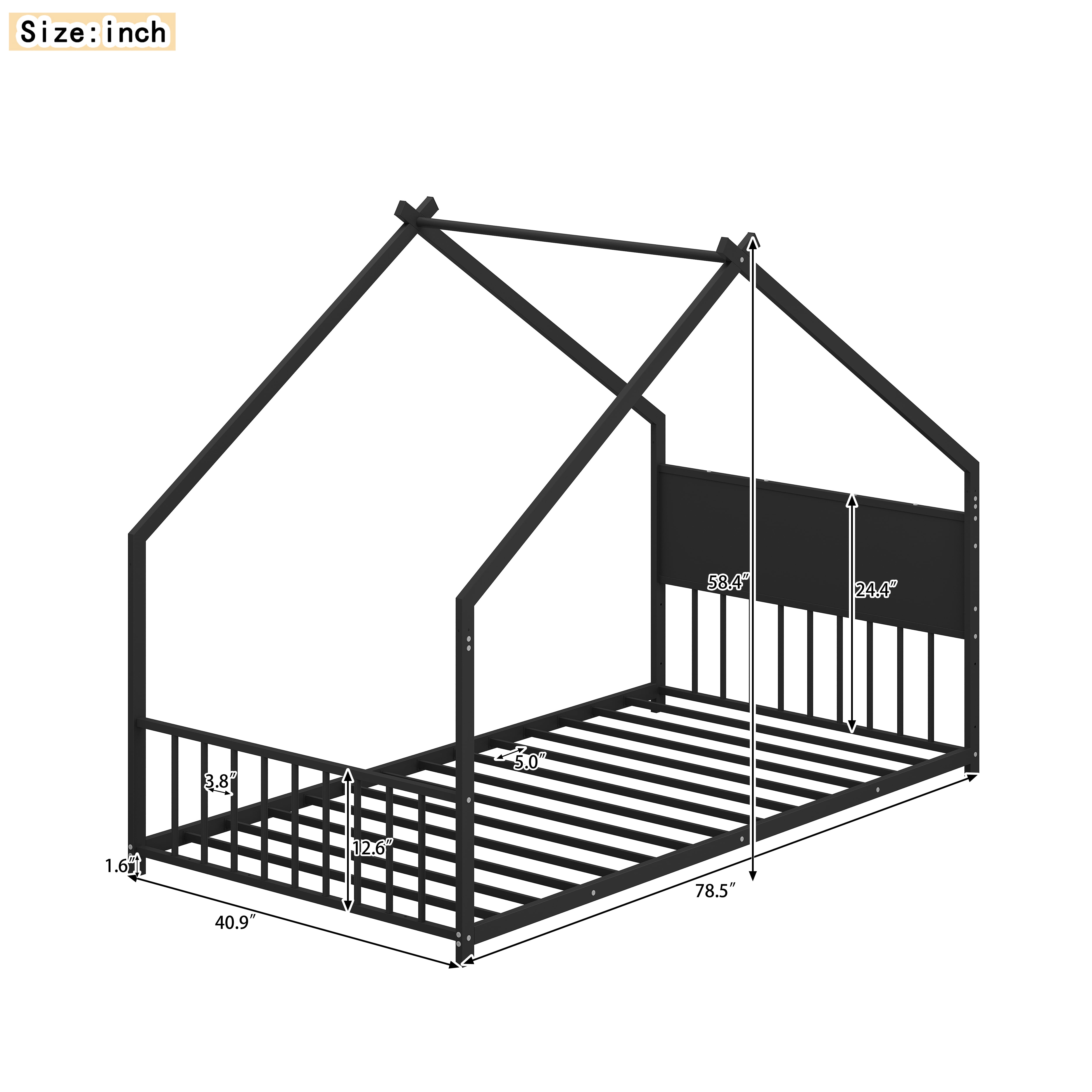Euroco Metal  Twin Size House Bed with LED Lights, Floor Bed with Roof Design, Black