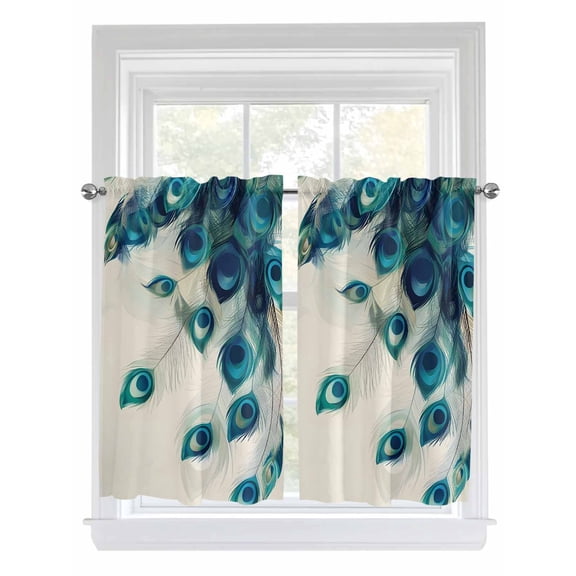 Tier Curtains 45 Inches Long, Peacock Feather Window Treatment Curtain Drapes, Teal Ethnic Rustic Farmhouse Elegant Window Half Privacy Curtains for Bedroom Bathroom, 42"x45", 2 Panels