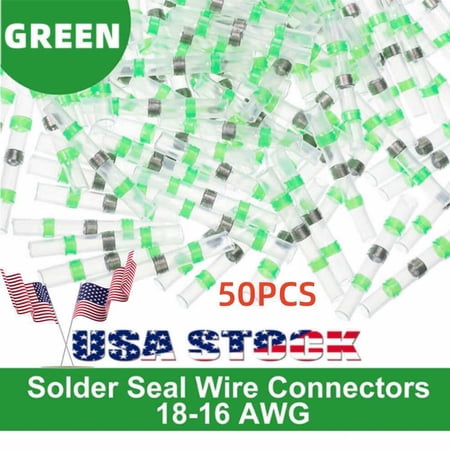50PCS Heat Shrink Butt Wire Connectors Green Solder Seal Sleeve Terminals Tube