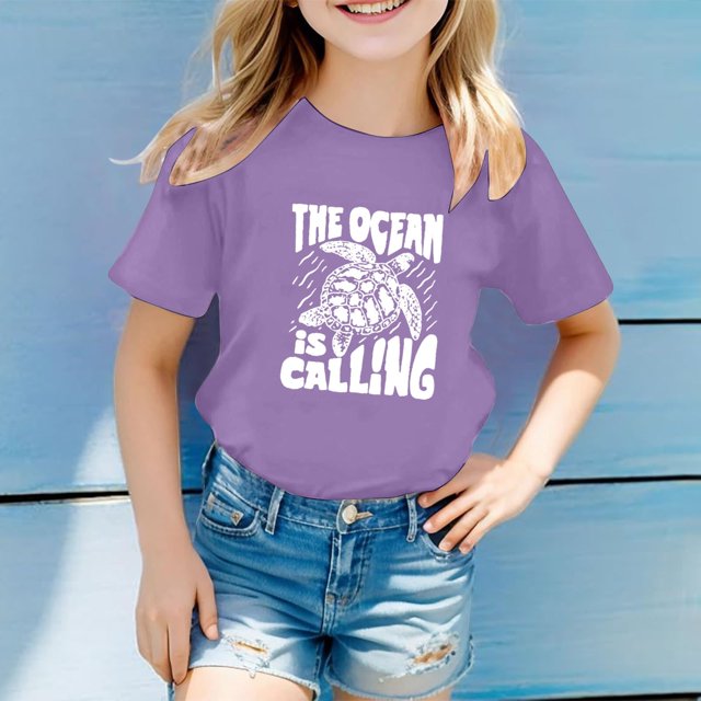 Girls Tops Casual Children's Multicolor Letter Pattern Print Short Sleeve Round Neck Tees and Shirts