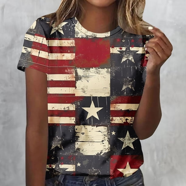 Fiudx Ofertas Relámpago Top/Camisa de Cuello Redondo de Manga Corta con Cuello Redondo Estampado para Mujer