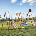 thumbnail image 6 of ZenSports Outdoor 5-in-1 Kids Swing Set 660lbs Metal Playset for Backyard W/Saucer, Belt Swing, Seesaw, Basketball Hoop, Climbing Ladder & Net, 6 of 15