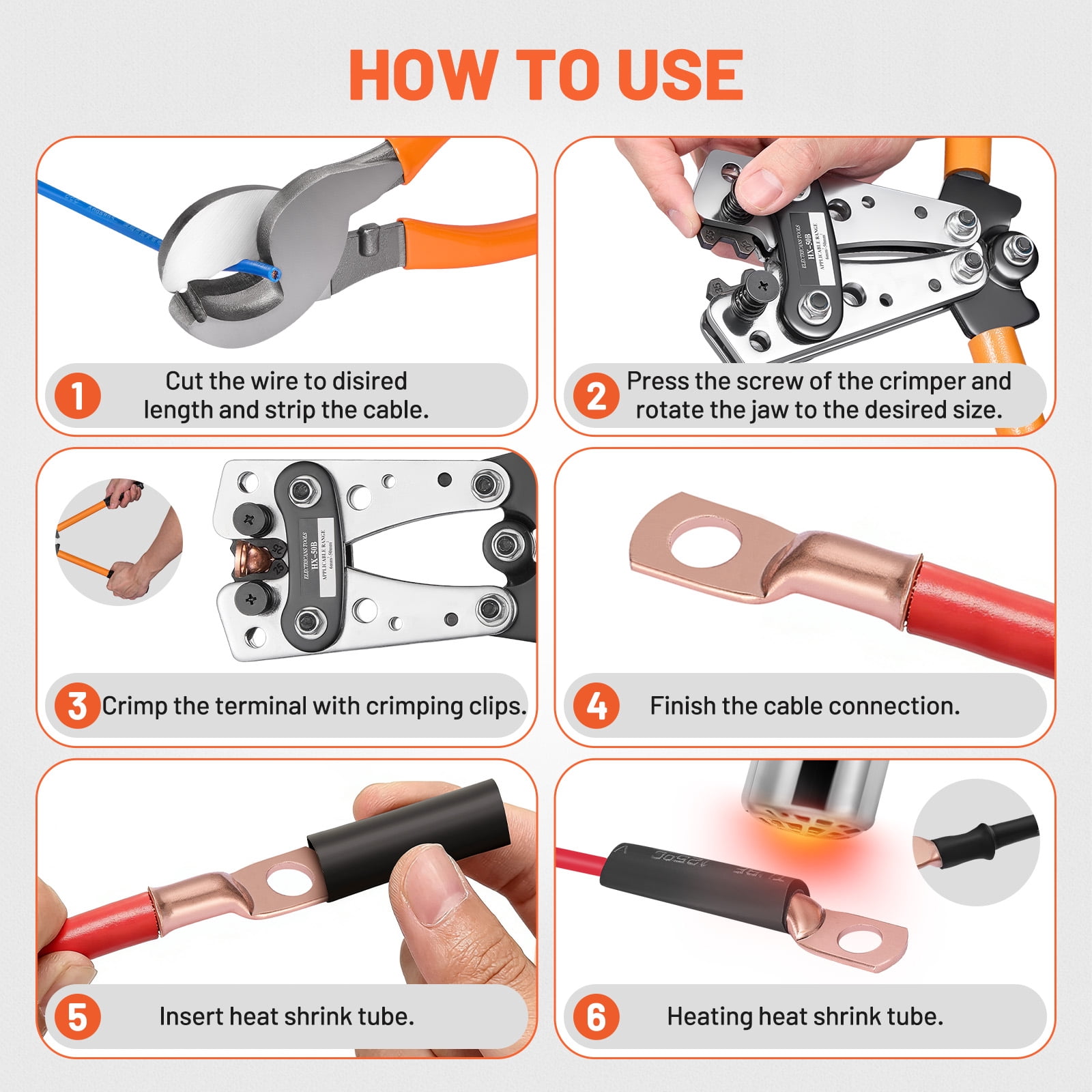 Filluck 245PCS Battery Cable Crimping Tool Kit, Copper Wire Lug AWG 1 2 4 6 8 1/0 Gauge, Wire Crimper for AWG 10-1/0 with Cable Cutter, Battery Terminal Connectors with 3:1 Heat Shrink Tubing