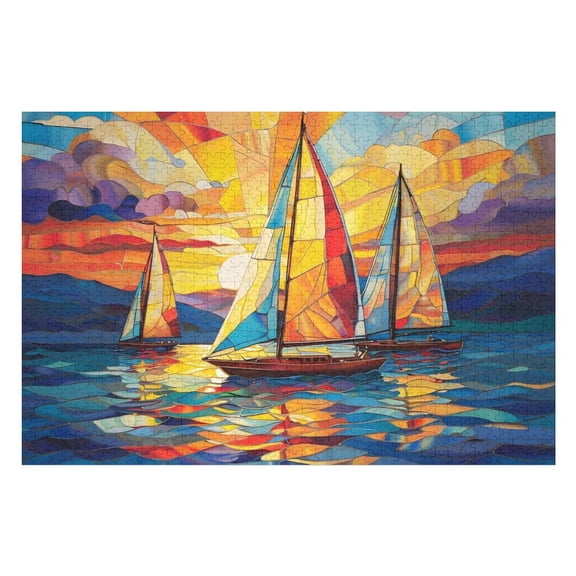 Jigsaw Puzzles - Stained - Glass - Style Artwork of Sailboats on A Sunset Sea1000 PCS，Challenging Puzzle Perfect for Game Nights