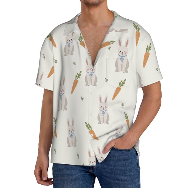 Balery Retro Rabbit Camisa Casual de Manga Corta con Botones para Hombre, Texturizada, Estilo Cubano, para Playa, Verano-Medium