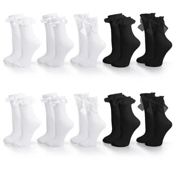 Bocaoying 10 Pairs Womens Ruffle Socks, Cute Lace Frilly Socks with Bowties, Sweet Dress Socks Mary Jane Socks (White and Black)