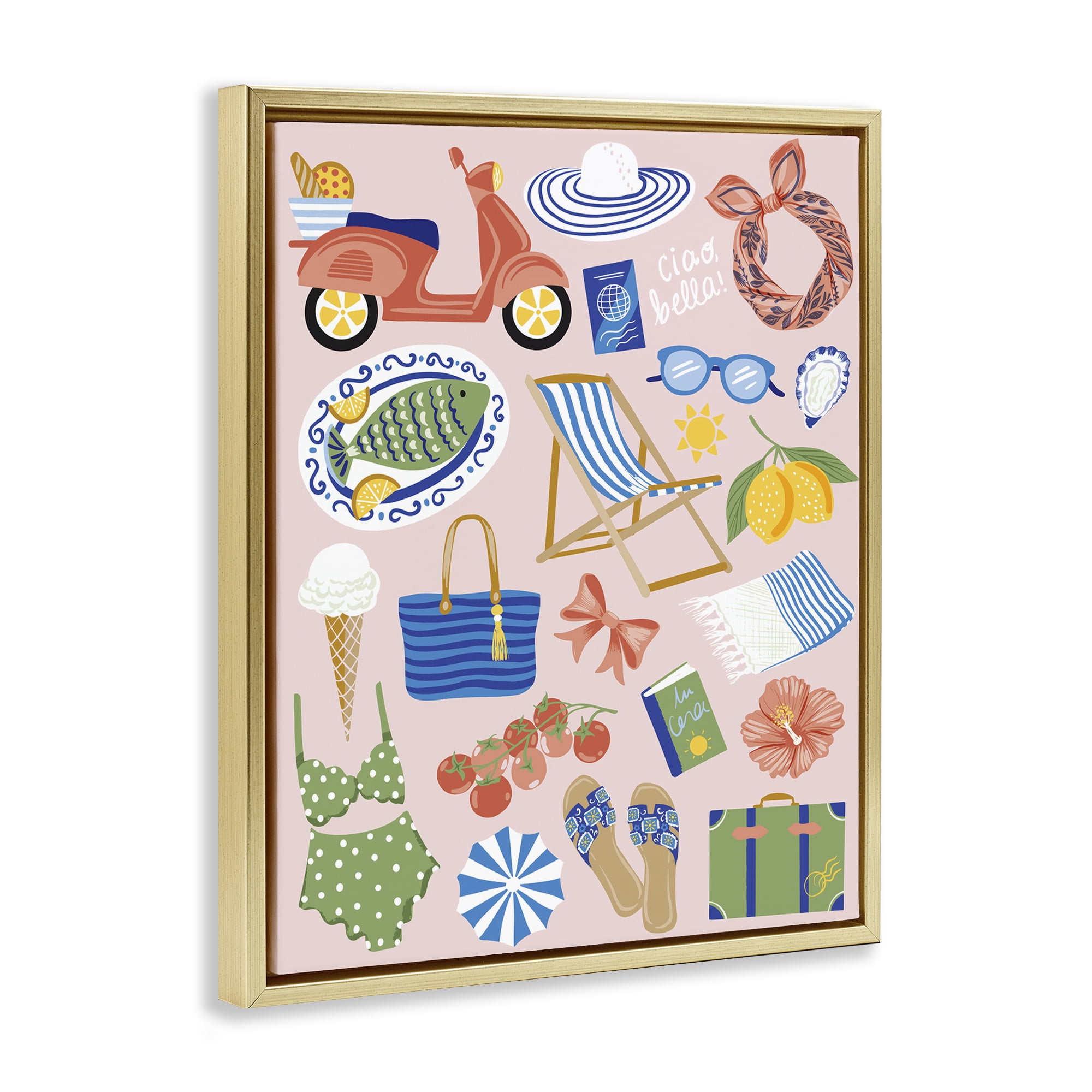 Stupell Industries Mediterranean Coast Necessities Nautical & Beach Painting Gold Floater Framed Canvas Art Print Wall Art, 25 x 31