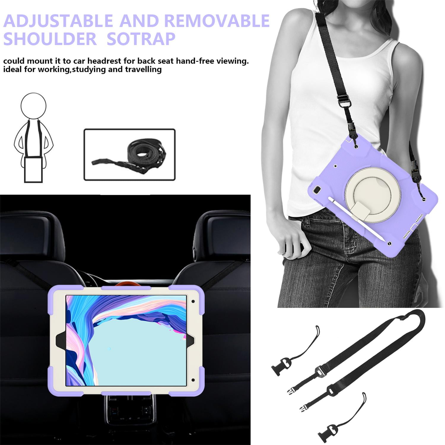 Allytech Case for iPad 9th/8th/7th Generation 10.2", Kids Case with 360° Rotating Folding Ring, Pencil Holder, Strap Drop-Proof Case for iPad 9/8/7 Gen 2021/2020/2019, Taro Purple