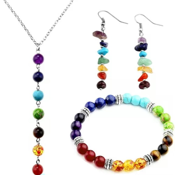 HOOUN 7 Chakra Healing Energy Gemstone Bead Earring Necklace Bracelet Jewelry Set -ERT01